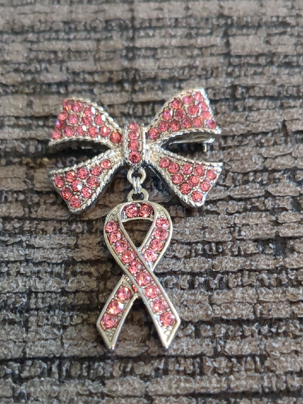 Rhinestone Pave Pink Ribbon Dangle Brooch Silver Tone